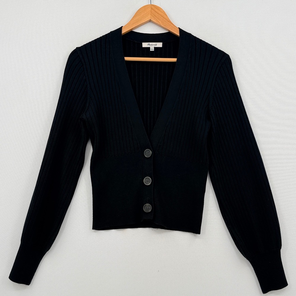 Madewell Cardigan Sweater Womens Small Black Ribbed Cropped V-Neck Chic Minimal